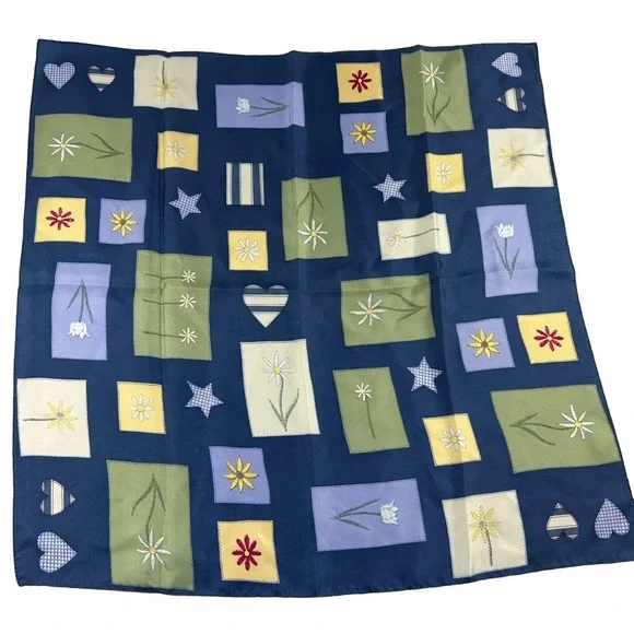 New Vintage Talbots Silk Scarf Blue Green Cottagecore Flowers Hearts Stars Daisy - Picture 1 of 4